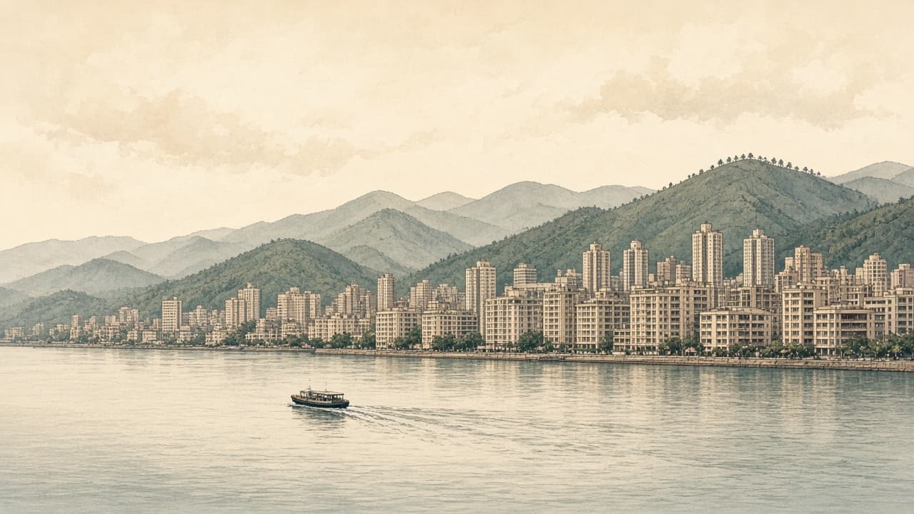 香港海港與住宅群的插畫,紙本暖色,不是相片。